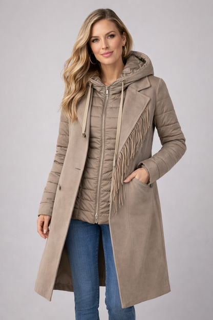 Women’s Layered Hooded Coat with Fringe