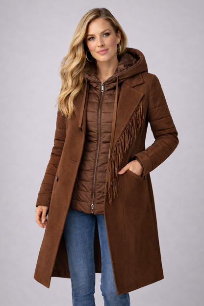 Women’s Layered Hooded Coat with Fringe