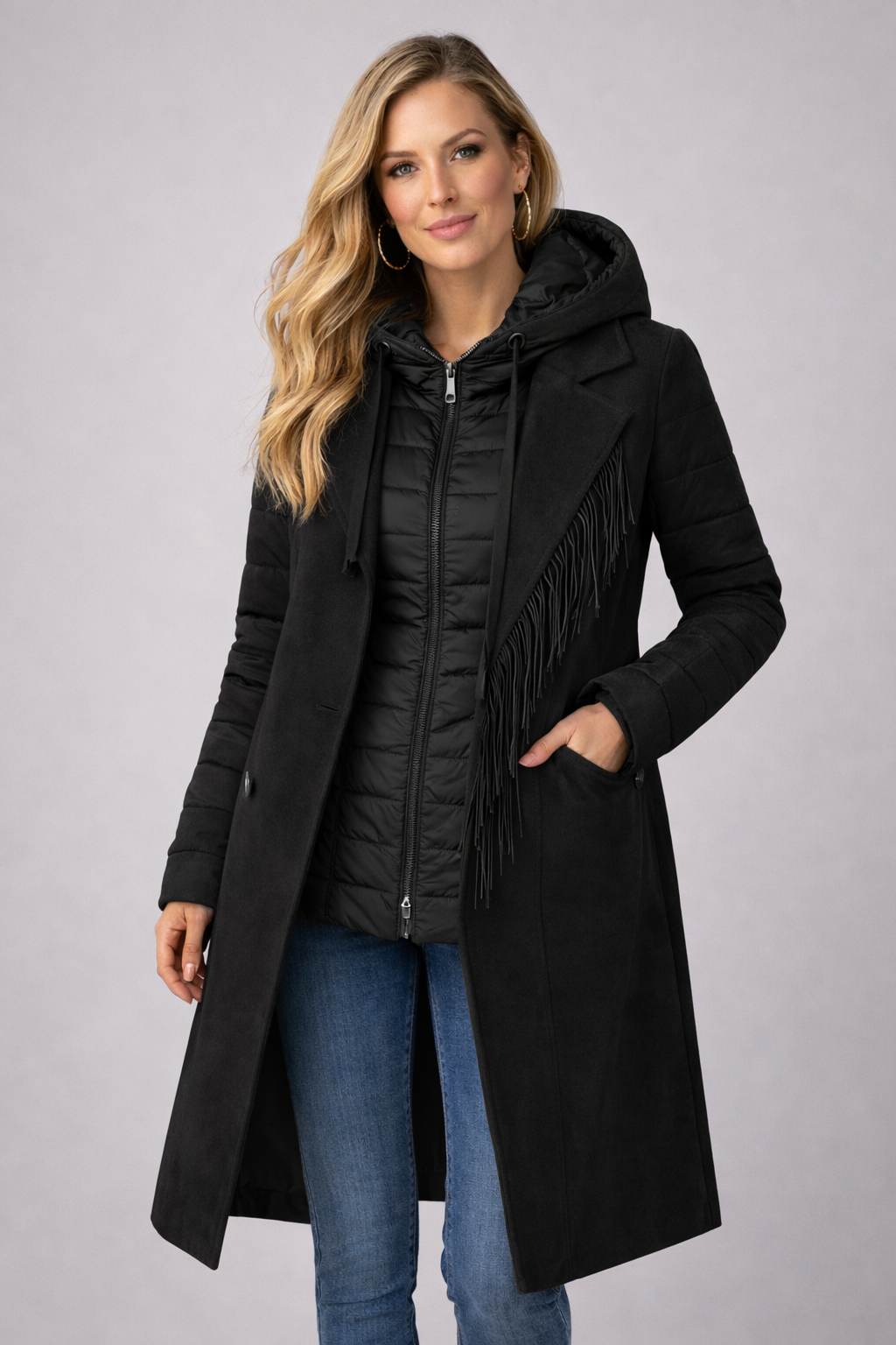 Women’s Layered Hooded Coat with Fringe
