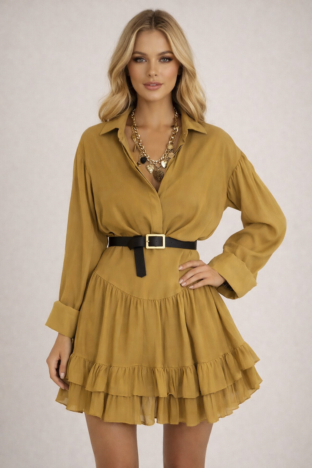 Taupe Chiffon Tiered Mini Dress