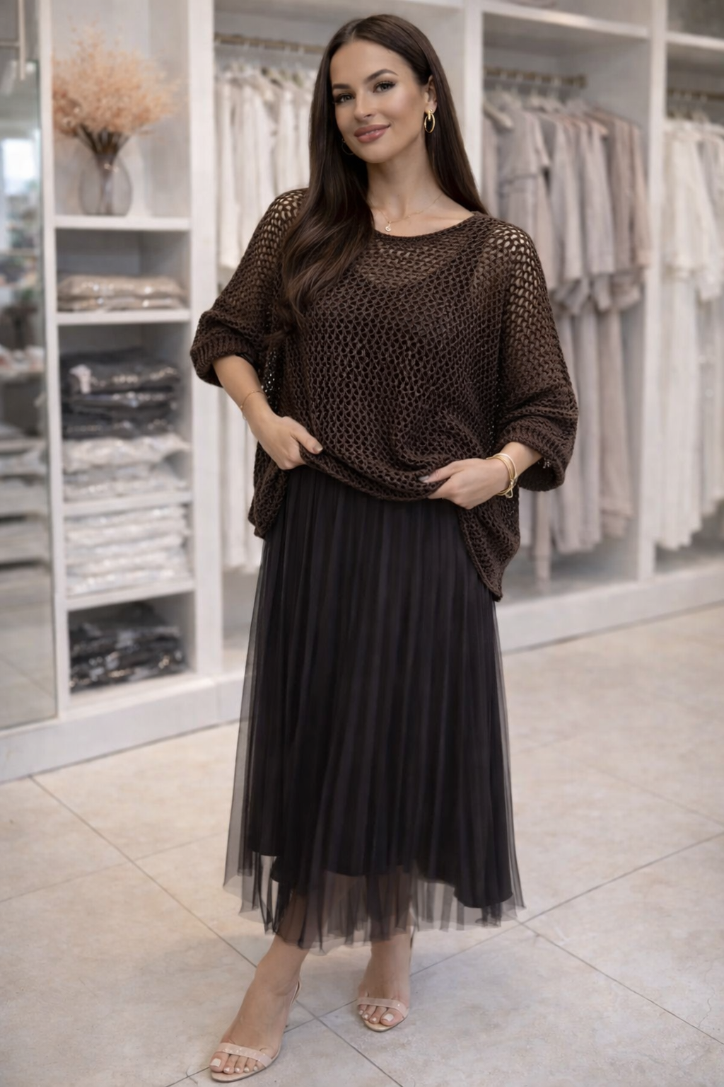 Mesh Knit Pleated Skirt Set